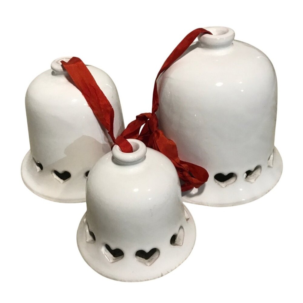 Abbott Italy Christmas Bells Ceramic Set Of 3 With Heart Cutouts & Red Ribbon